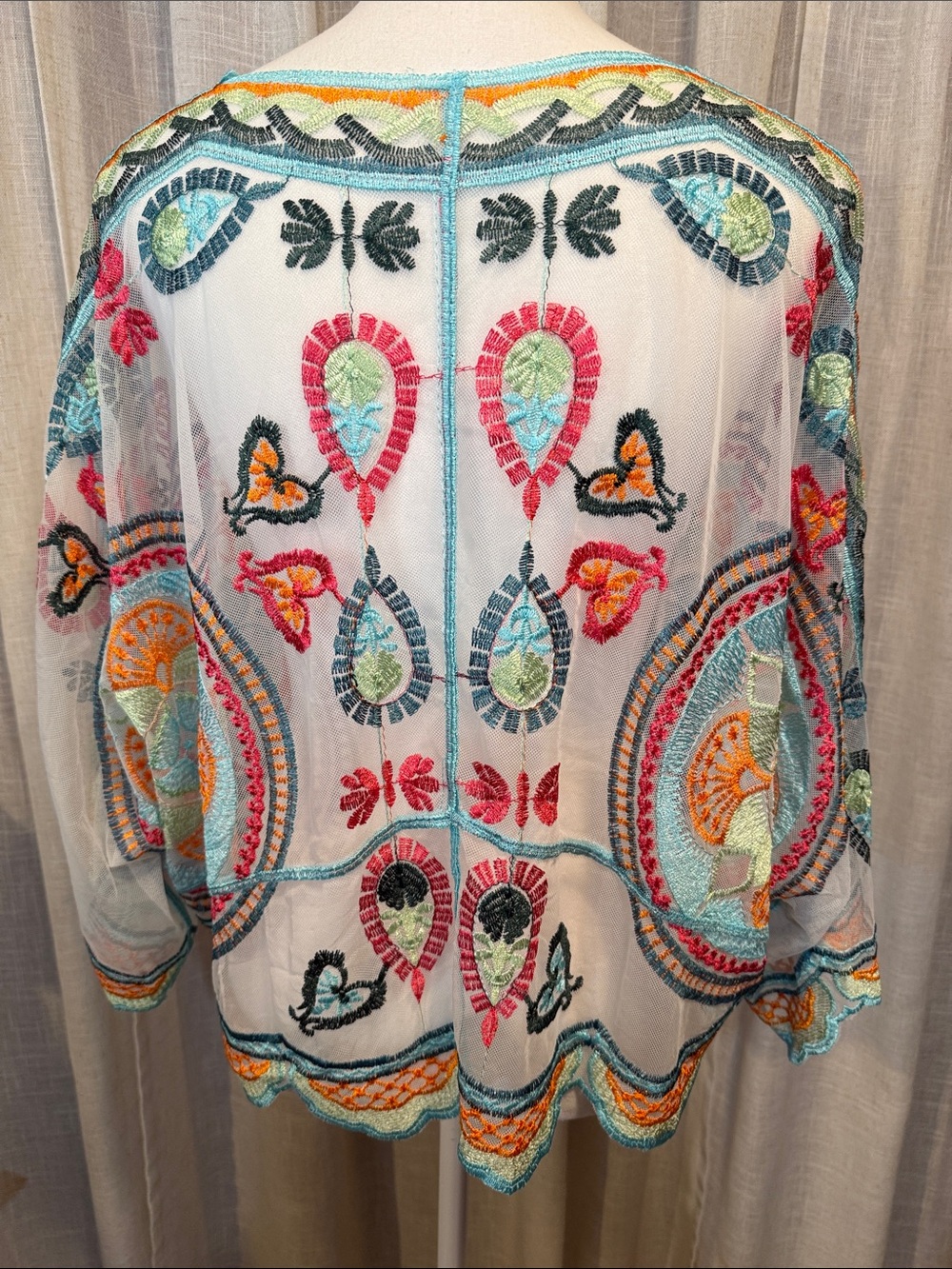 Boho Embroidered Mesh Tie Front Kimono Cardigan Cover Up One Size - Picture 5 of 11